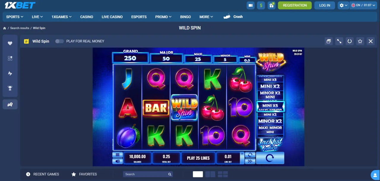 اجرای دمو اسلات با انتخاب «Play for Free» در صفحه بازی (نمونه Wild Spin) در نسخه وب وان ایکس بت