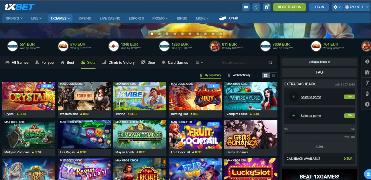 1XGames وان ایکس بت؛ صفحه لیست اسلات‌ها با فیلتر «Slots» و بازی‌های محبوب به‌همراه پنل Cashback و FAQ