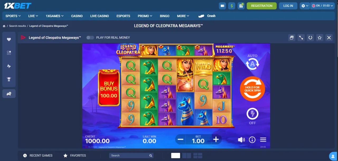 اسکرین‌شات بازی اسلات Legend of Cleopatra Megaways؛ نمای ریل‌ها همراه با دکمه Buy Bonus، Auto/Quick Spin و تنظیم مبلغ Bet—نمونه‌ای برای توضیح اصطلاحات اسلات مانند Scatter، Wild، Free Spin و Multiplier