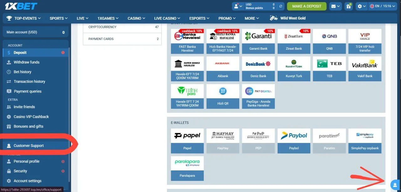اسکرین‌شات حساب کاربری 1xBet؛ مسیر دسترسی به چت زنده از بخش Customer Support در نوار کناری، همراه با نمایش روش‌های پرداخت
