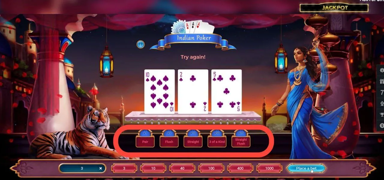 بازی پوکر هندی؛ سه کارت رو شده و گزینه‌های شرط‌بندی پایین (Pair، Flush، Straight، Three of a Kind، Straight Flush) هایلایت شده است.