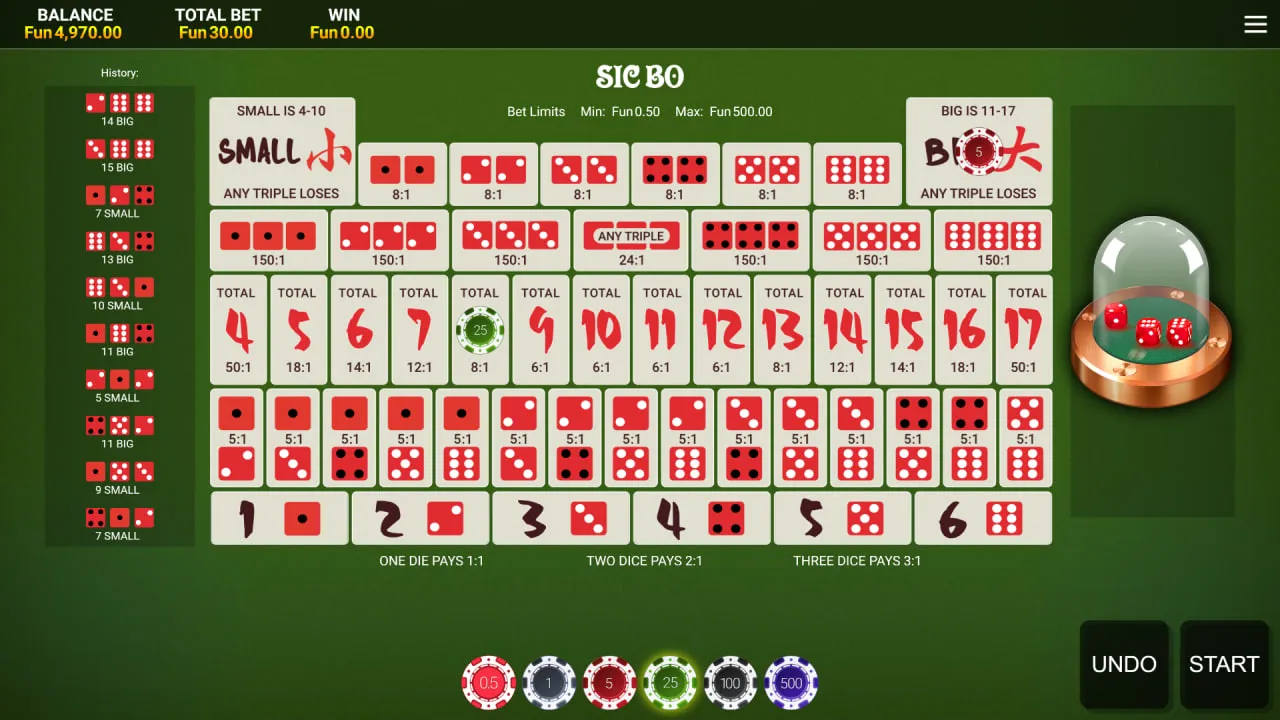 تصویر میز بازی سیکبو (Sic Bo) آنلاین