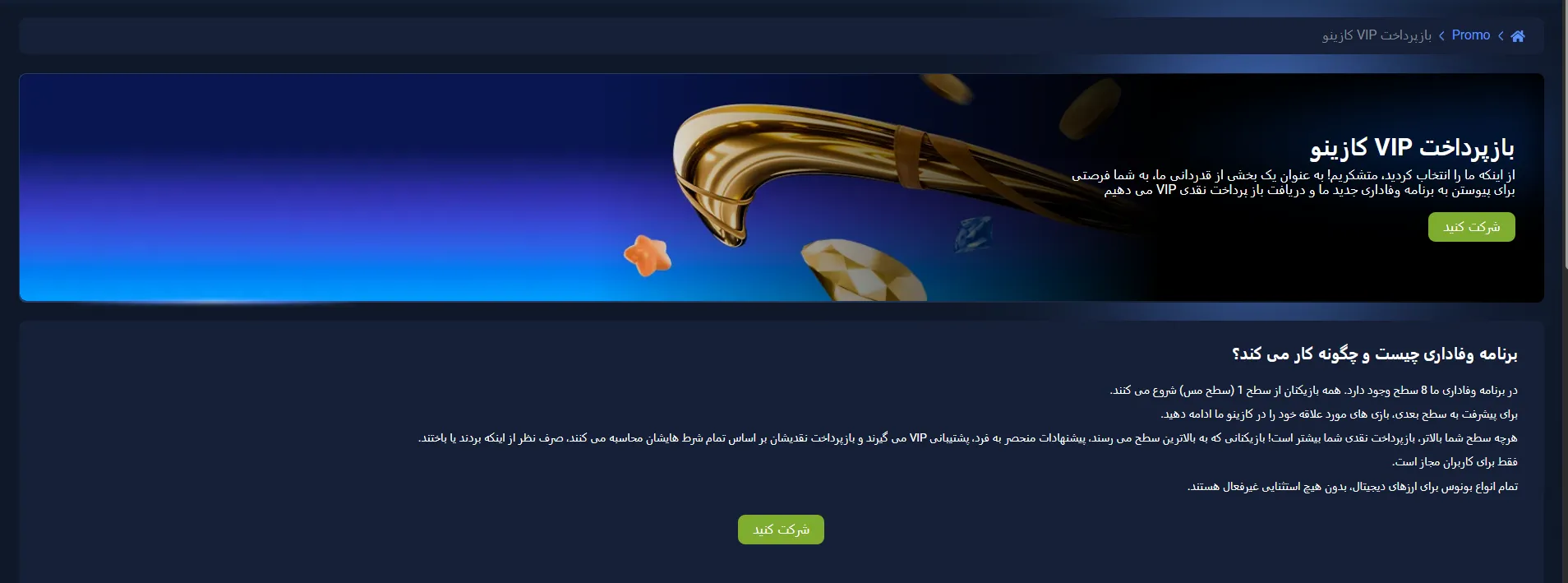بنر بازپرداخت VIP کازینو 1xBet؛ کش‌بک نقدی و مزایای برنامه وفاداری بر اساس سطح کاربر 